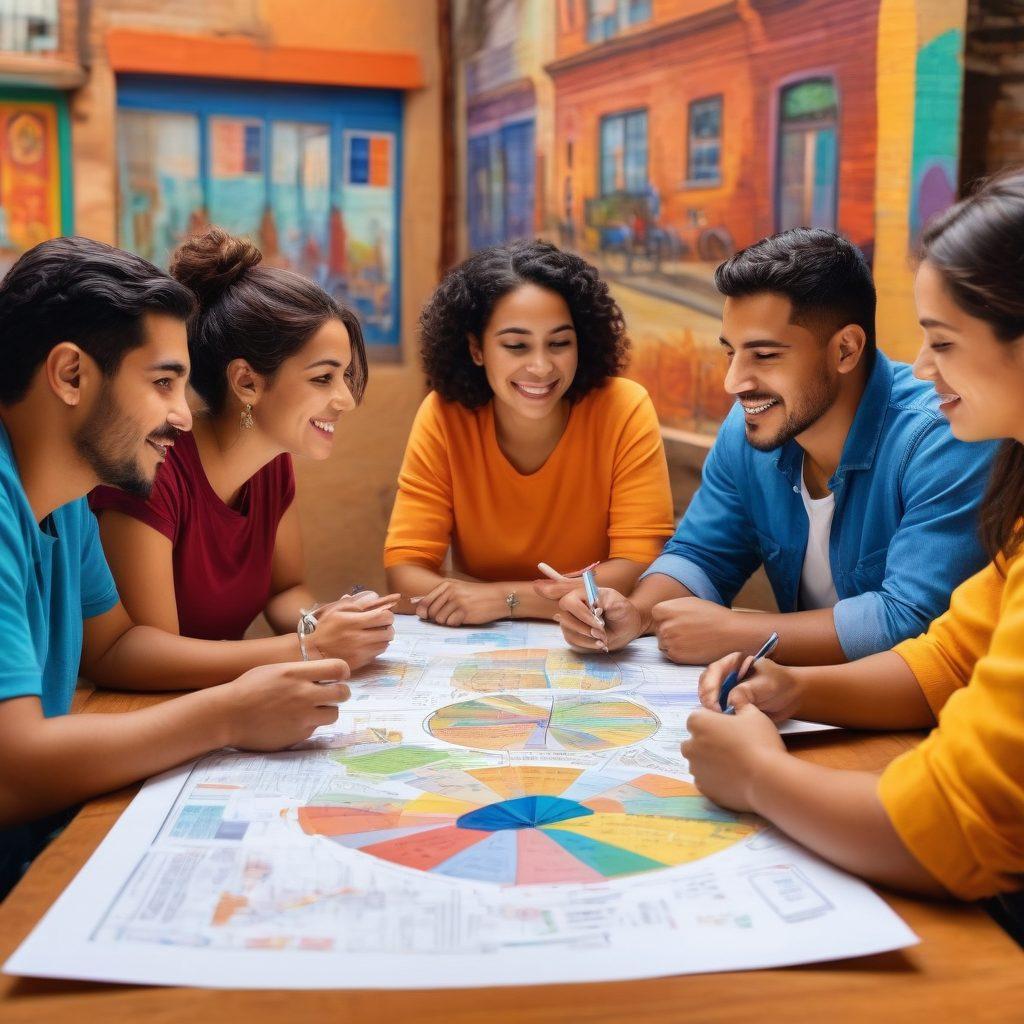 A diverse group of Latin community members sitting around a table, discussing insurance options with visual charts and documents in front of them. The background shows a vibrant Latin neighborhood with colorful murals symbolizing unity and support. Include elements like calculators, coffee mugs, and smartphones to signify modern communication. The atmosphere should be warm and inviting, reflecting collaboration and understanding. digital painting. vibrant colors.