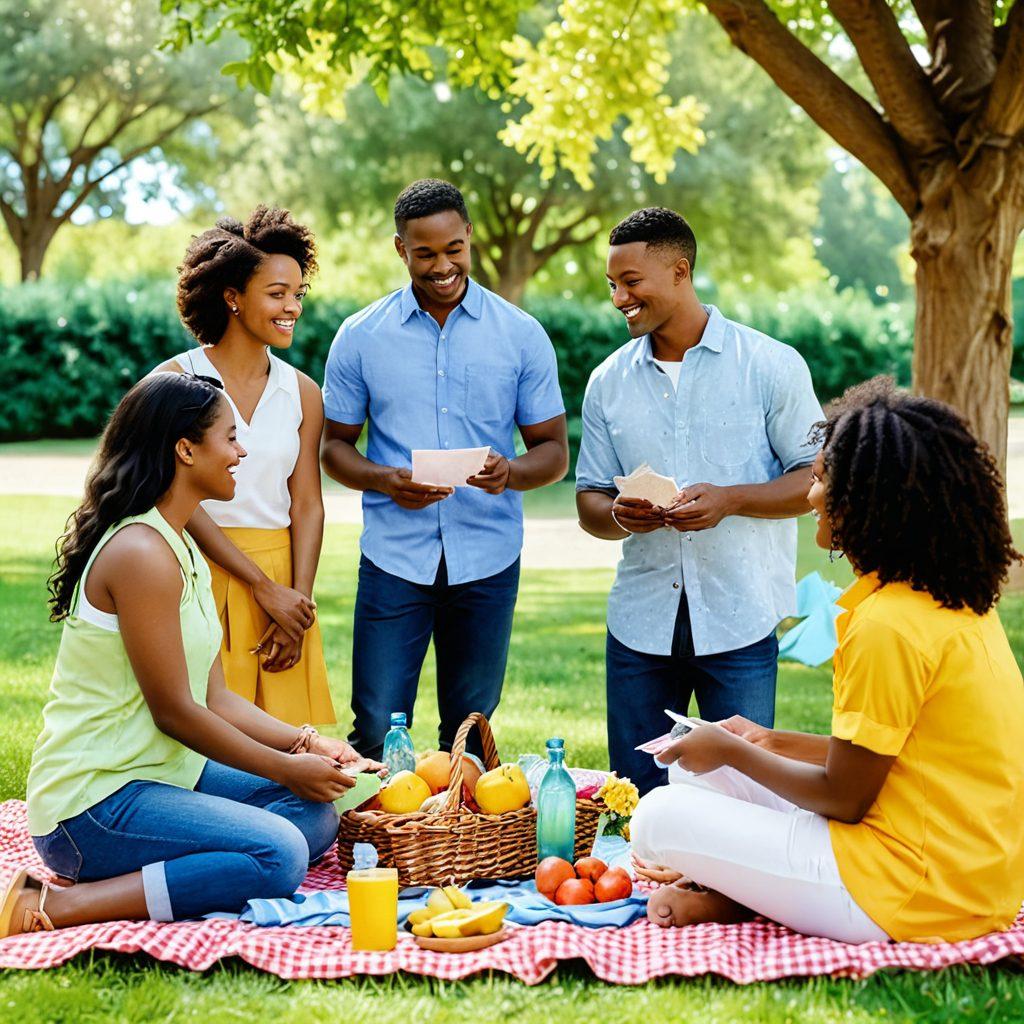 A diverse group of couples from various cultural backgrounds, discussing insurance plans in a vibrant park setting. Include elements such as multicultural symbols, colorful brochures, and a picnic spread to represent partnership and collaboration. The scene should convey warmth, understanding, and connection while showcasing the importance of cultural considerations in insurance choices. watercolor style. bright colors. sunny day.