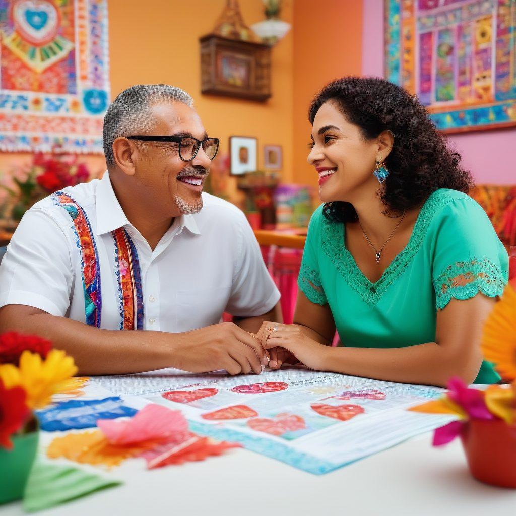 A couple of diverse Latin heritage sitting together at a table with insurance documents spread out, surrounded by cultural symbols like papel picado and colorful traditional decorations. They are smiling and engaged in a discussion, with a warm, inviting atmosphere showcasing their intercultural connection. The background features a heart-shaped symbol made of various insurance icons. vibrant colors. super-realistic.